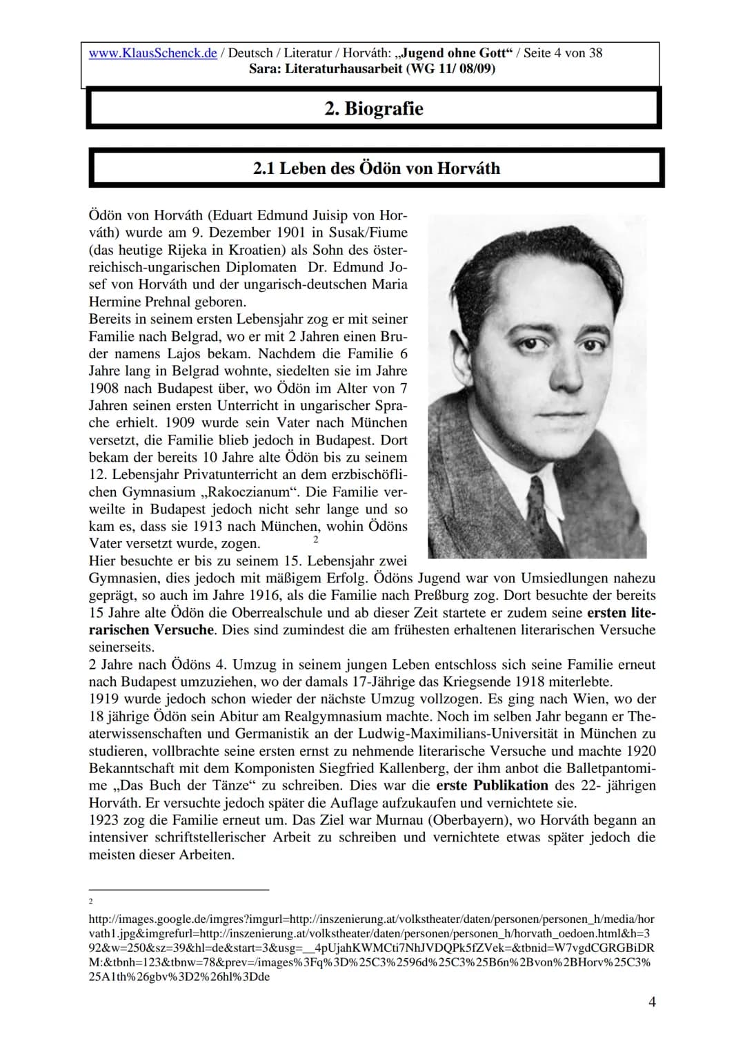www.KlausSchenck.de / Deutsch / Literatur / Horváth: „Jugend ohne Gott“ / Seite 2 von 38
Sara: Literaturhausarbeit (WG 11/08/09)
# Inhaltsv