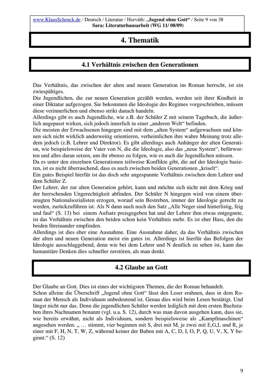 www.KlausSchenck.de / Deutsch / Literatur / Horváth: „Jugend ohne Gott“ / Seite 2 von 38
Sara: Literaturhausarbeit (WG 11/08/09)
# Inhaltsv