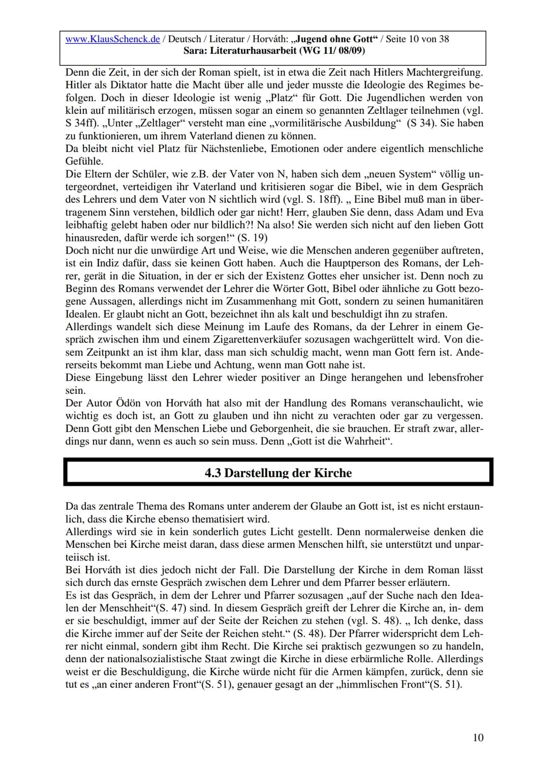 www.KlausSchenck.de / Deutsch / Literatur / Horváth: „Jugend ohne Gott“ / Seite 2 von 38
Sara: Literaturhausarbeit (WG 11/08/09)
# Inhaltsv