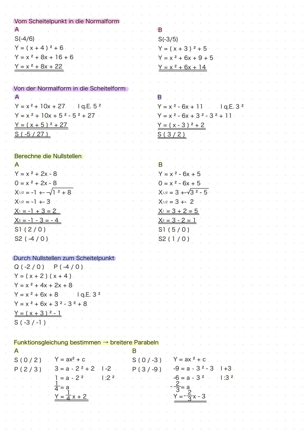 ### Vom Scheitelpunkt in die Normalform
A
S(-4/6)
Y =
Y =
Y =
B
S(-3/5)
Y =
Y =
Y =
### Von der Normalform in die Scheitelform
A
Y = x²+