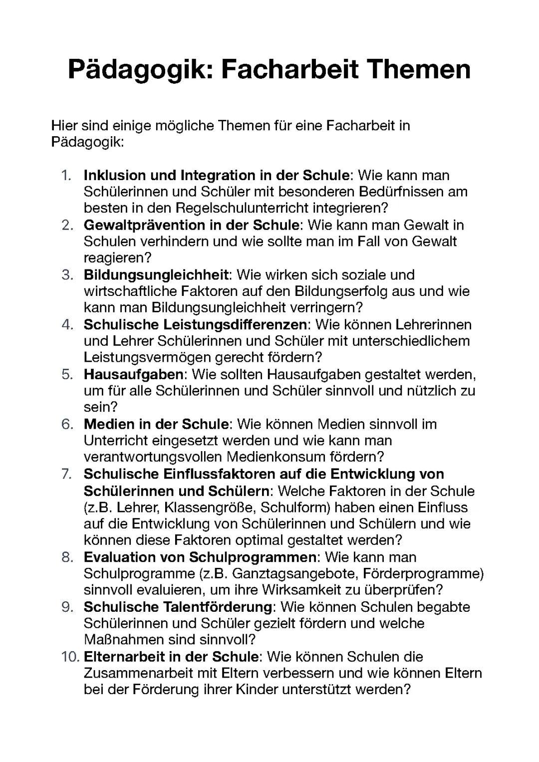 Pädagogik: Facharbeit Themen