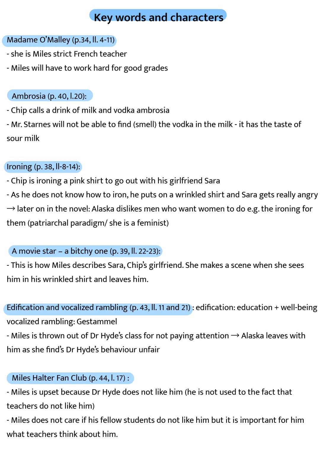 Keywords and Characters- Looking for Alaska