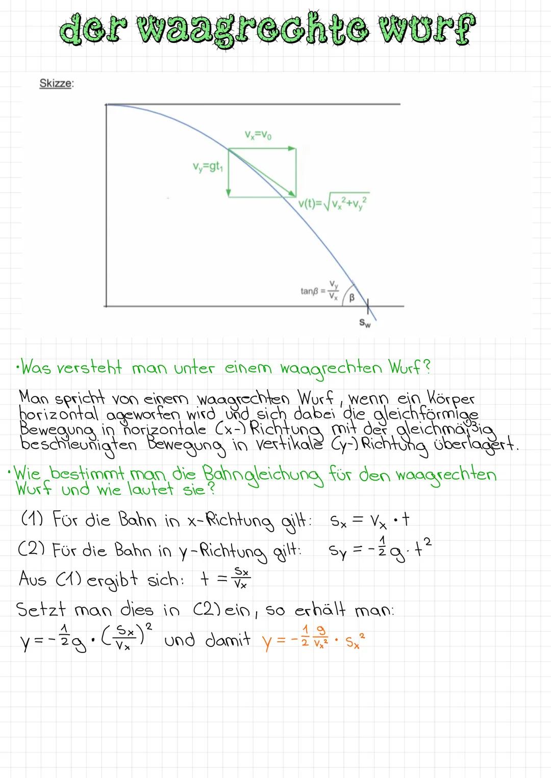 der waagrechte worf
Skizze:
Vy=gt₁
Vx=Vo
v(t)=√v₂²+v₁²
tanß=-
Vx
(1) Für die Bahn in x-Richtung gilt:
(2) Für die Bahn in y-Richtung gilt:
S