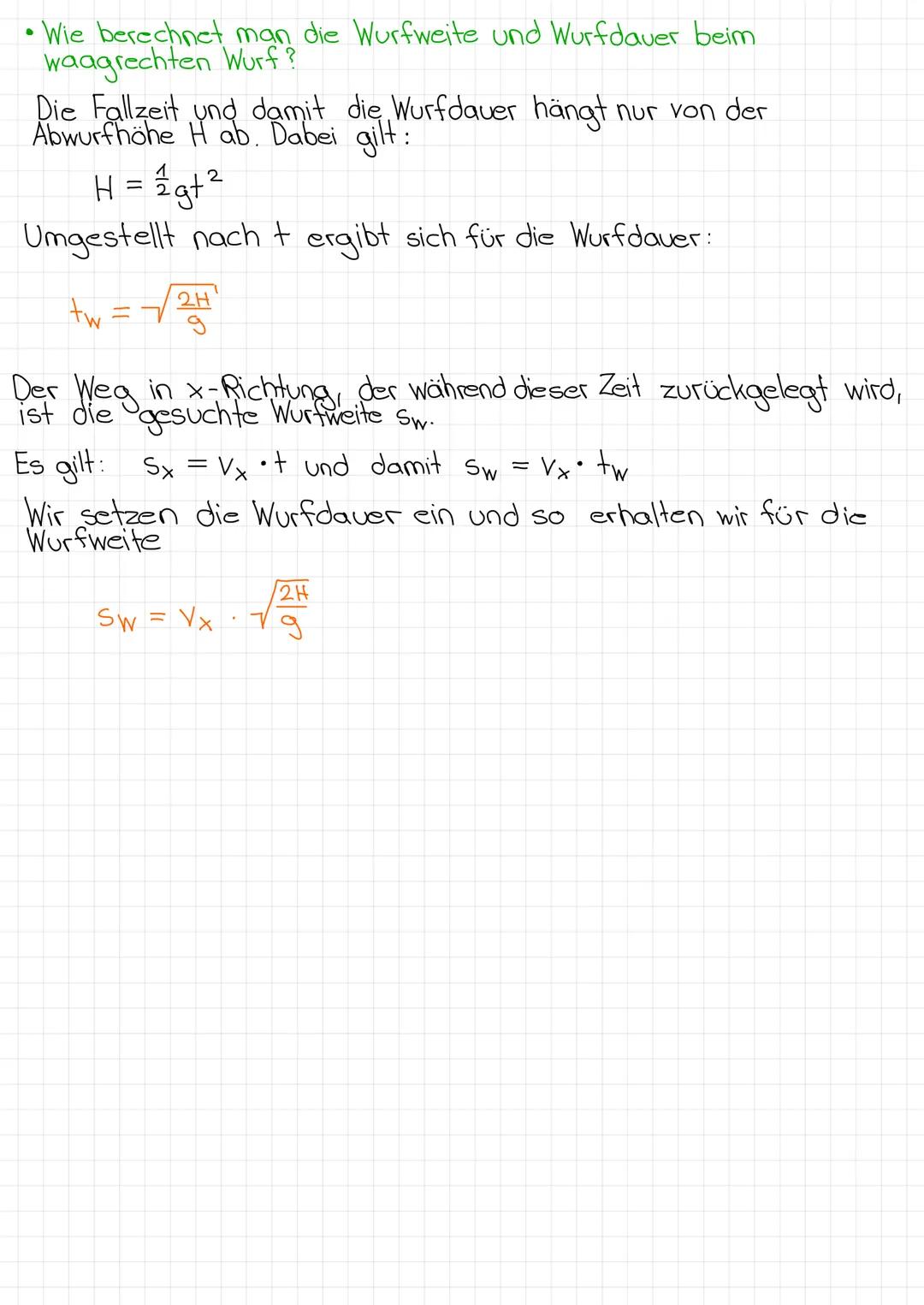 der waagrechte worf
Skizze:
Vy=gt₁
Vx=Vo
v(t)=√v₂²+v₁²
tanß=-
Vx
(1) Für die Bahn in x-Richtung gilt:
(2) Für die Bahn in y-Richtung gilt:
S