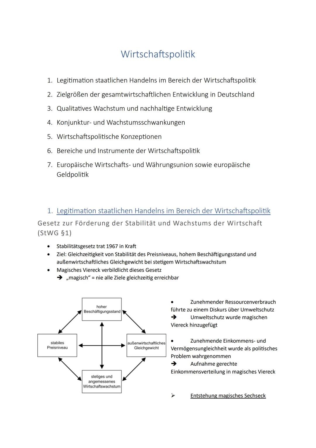 Wirtschaftspolitik
1. Legitimation staatlichen Handelns im Bereich der Wirtschaftspolitik
2. Zielgrößen der gesamtwirtschaftlichen Entwicklu