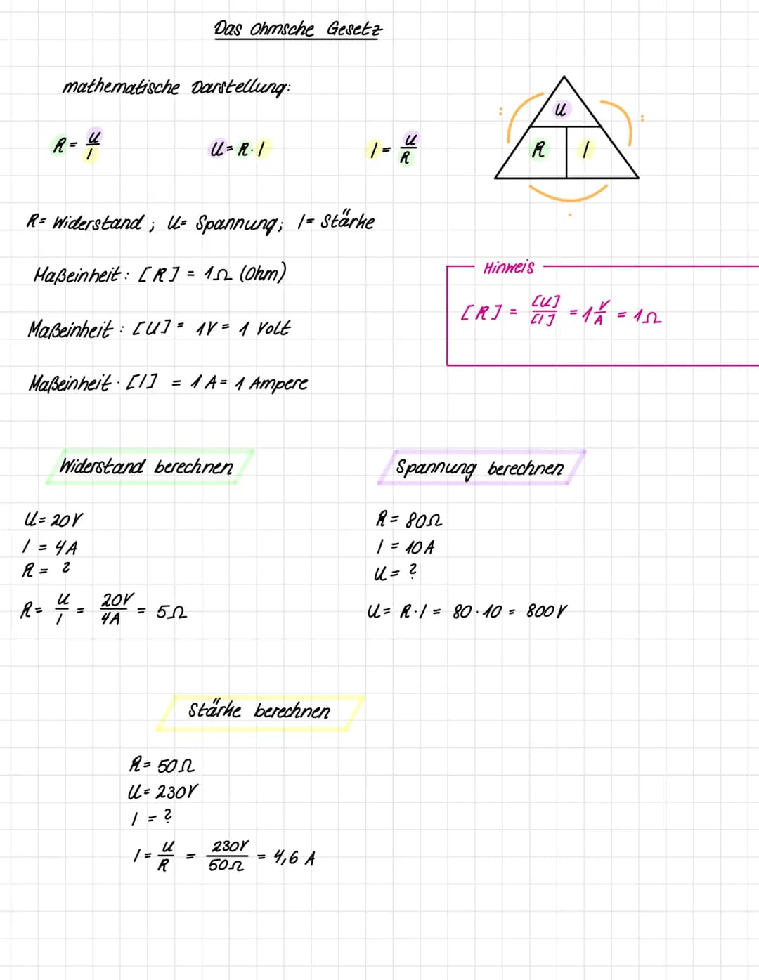 # Das Ohmsche Gesetz
mathematische Darstellung:
$R = \frac{U}{I}$
$U = R \cdot I$
$I = \frac{U}{R}$
R= Widerstand ; U= Spannung; I= Stä