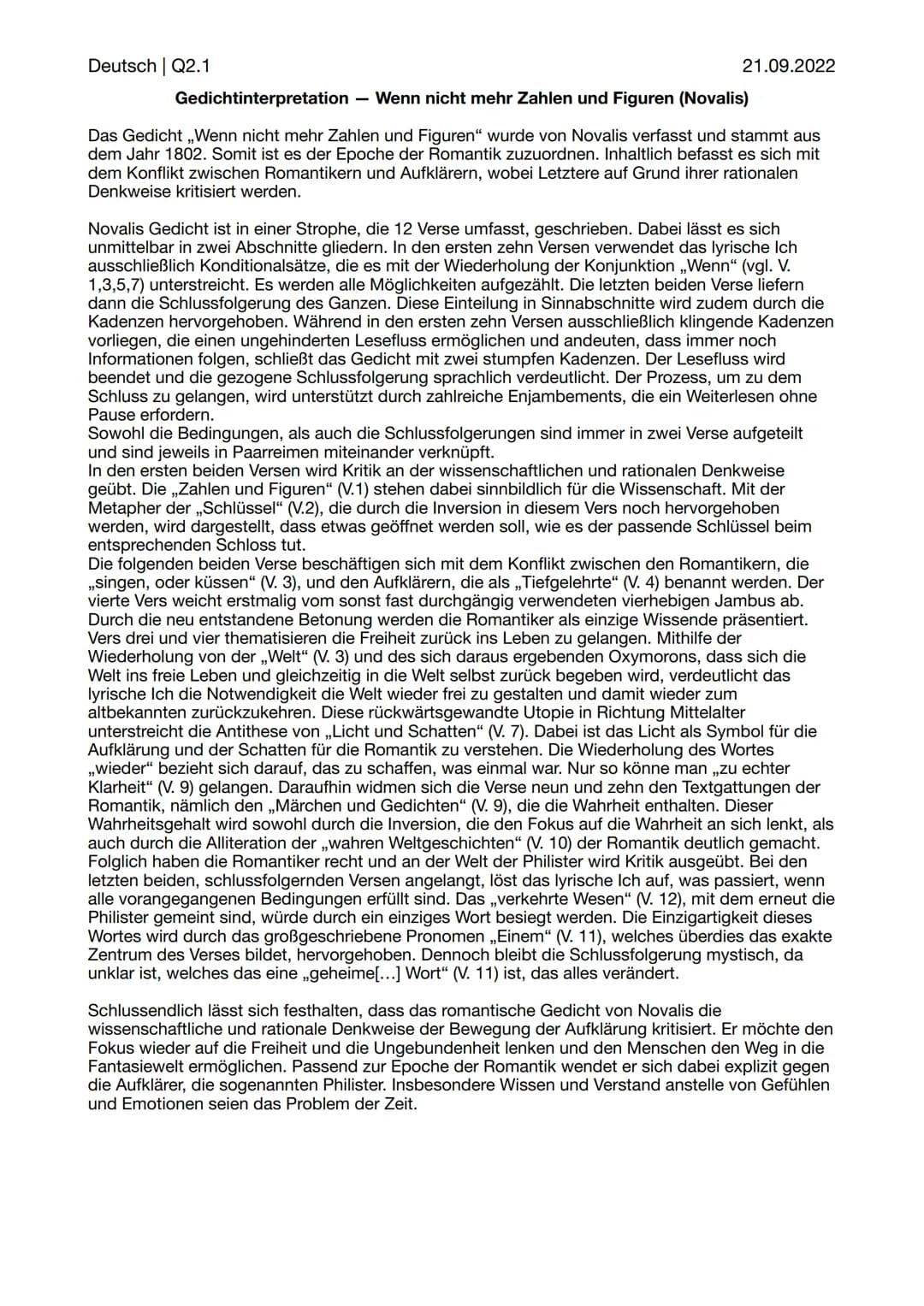 Deutsch | Q2.1
21.09.2022
# Gedichtinterpretation – Wenn nicht mehr Zahlen und Figuren (Novalis)
Das Gedicht „Wenn nicht mehr Zahlen und