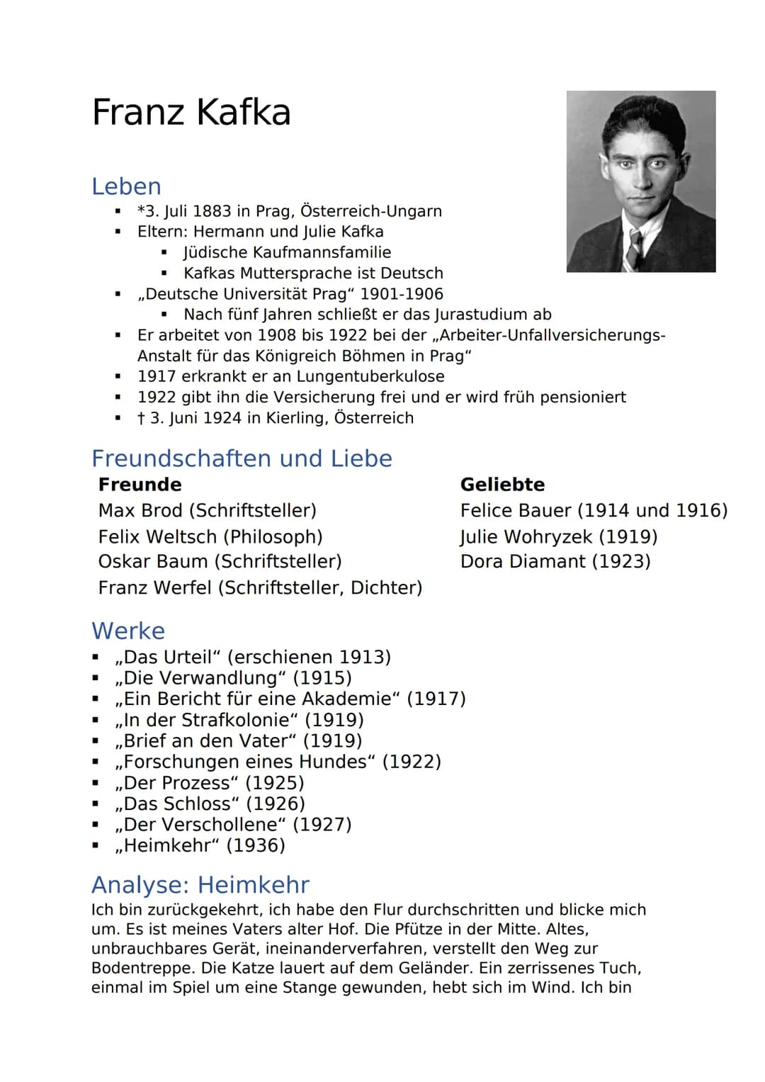 # Franz Kafka
## Leben
- *3. Juli 1883 in Prag, Österreich-Ungarn
- Eltern: Hermann und Julie Kafka
- Jüdische Kaufmannsfamilie