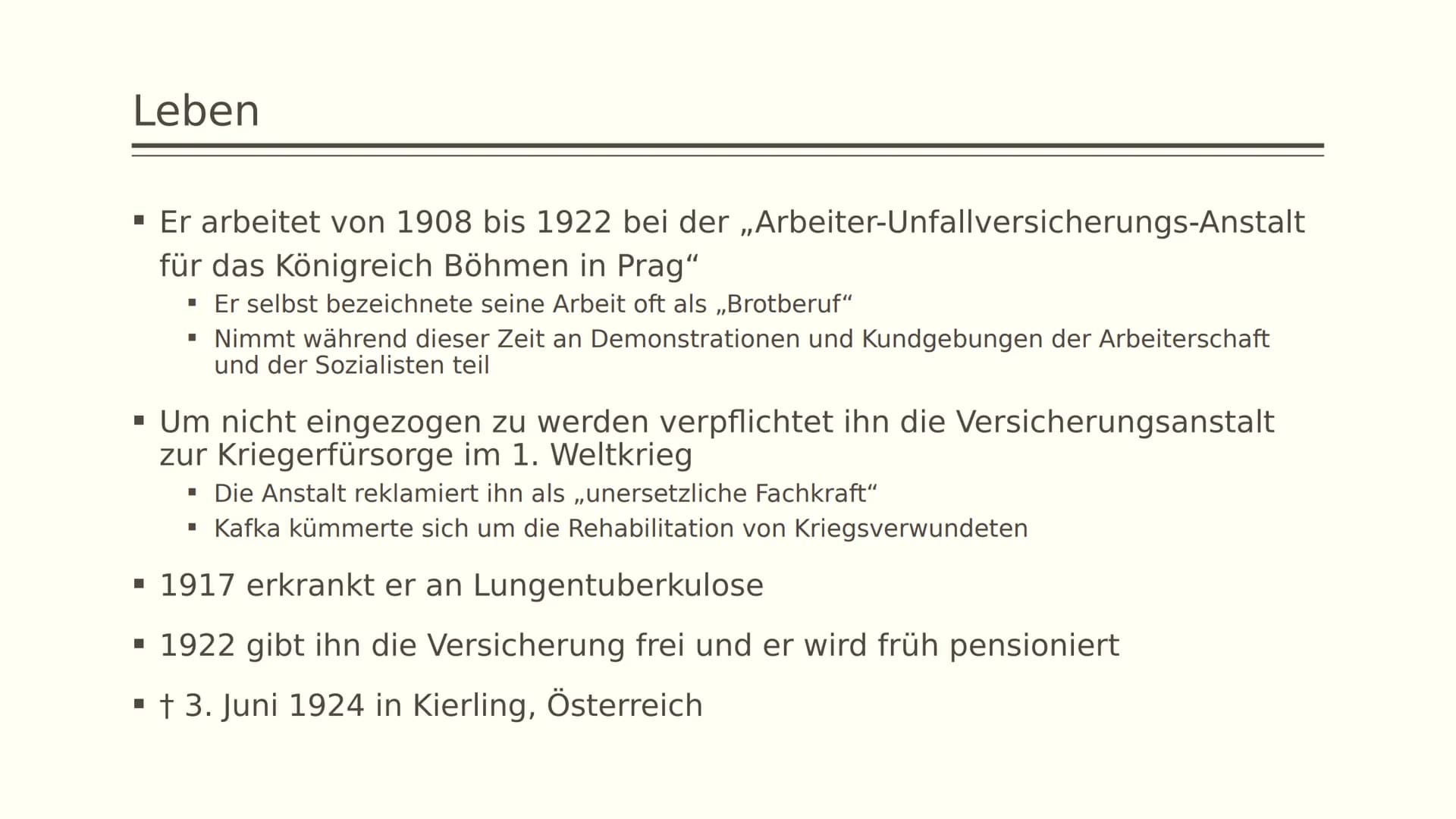 # Franz Kafka
## Leben
- *3. Juli 1883 in Prag, Österreich-Ungarn
- Eltern: Hermann und Julie Kafka
- Jüdische Kaufmannsfamilie