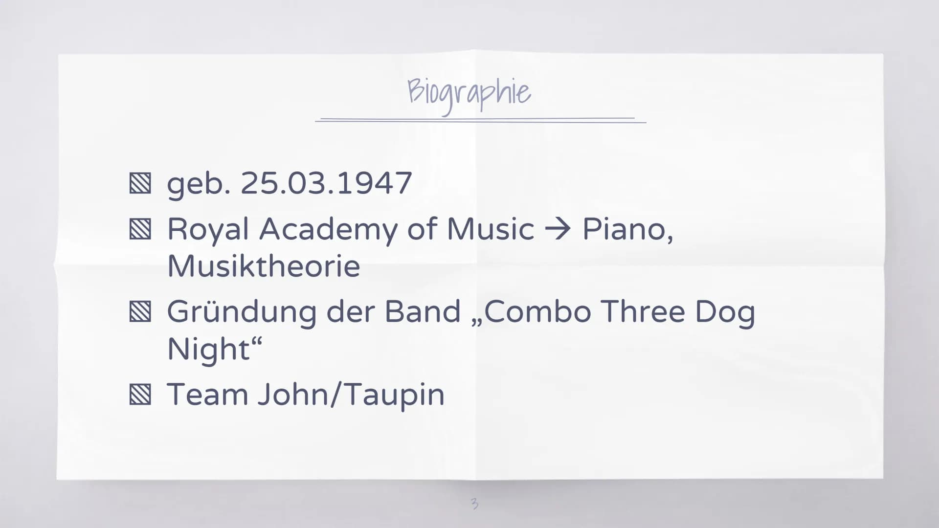 ## Biografie:
- Geb. 25.3.1947 --> 73 in GB
- Nach Trennung der Eltern --> wuchs bei Oma auf
- Lernte mit 11 an Royal Academy of Music 6 Jah