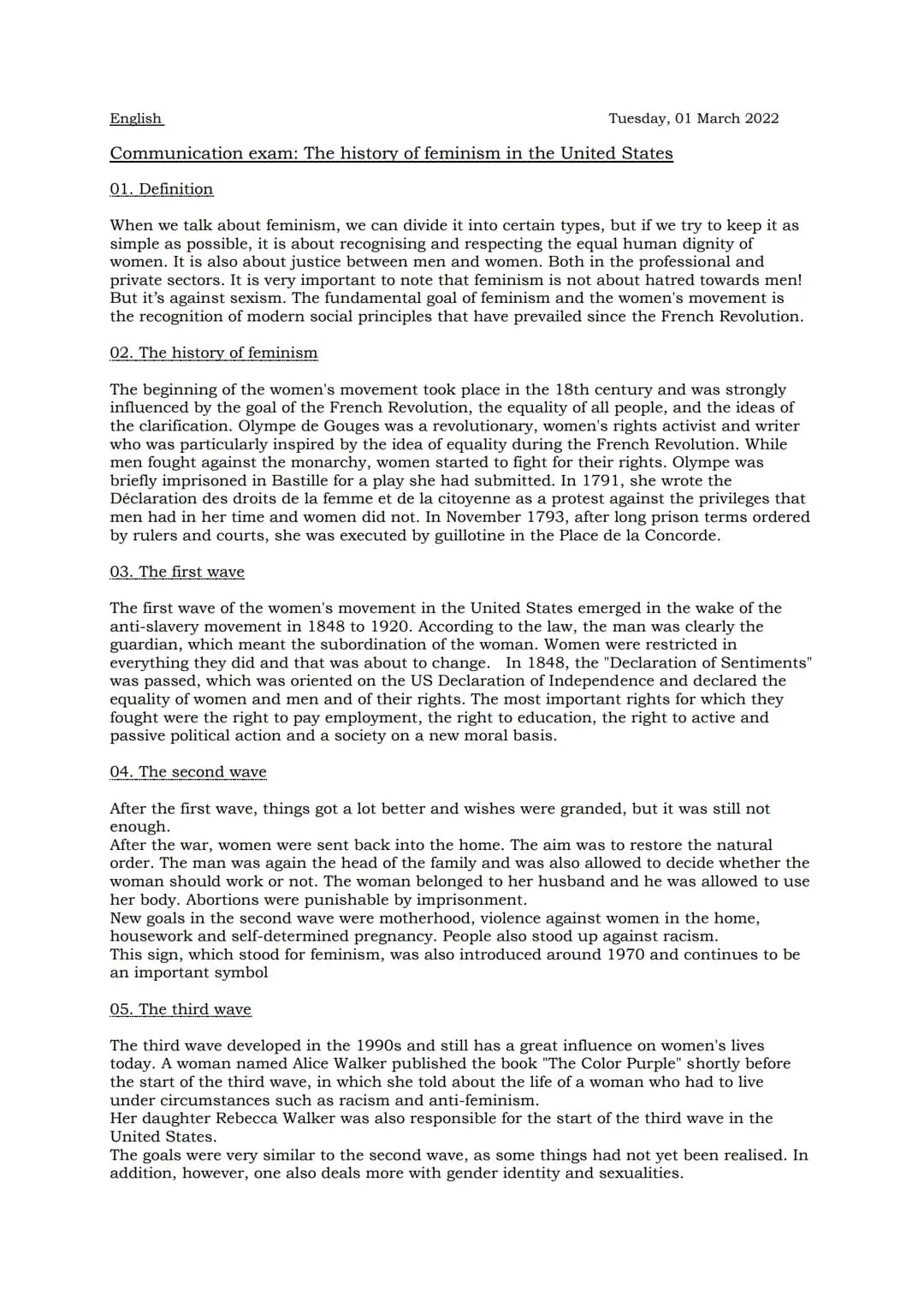 English
Tuesday, 01 March 2022
# Communication exam: The history of feminism in the United States
## 01. Definition
When we talk about fem