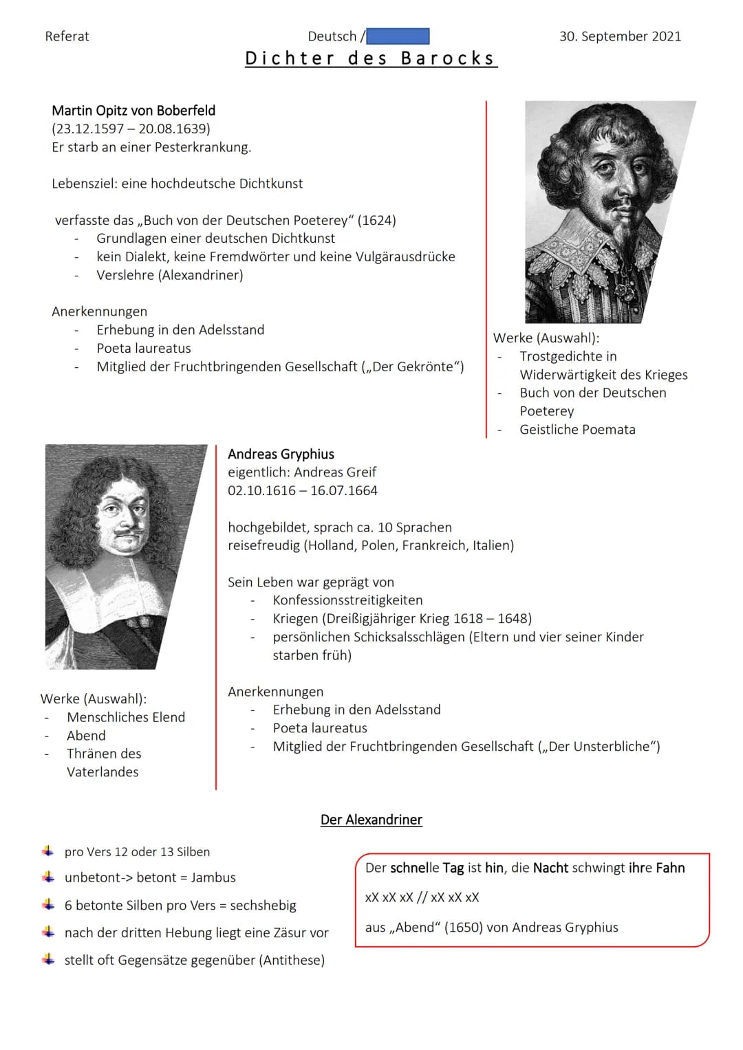 Referat
Deutsch
30. September 2021
## Dichter des Barocks
**Martin Opitz von Boberfeld**
(23.12.1597-20.08.1639)
Er starb an einer Pesterk