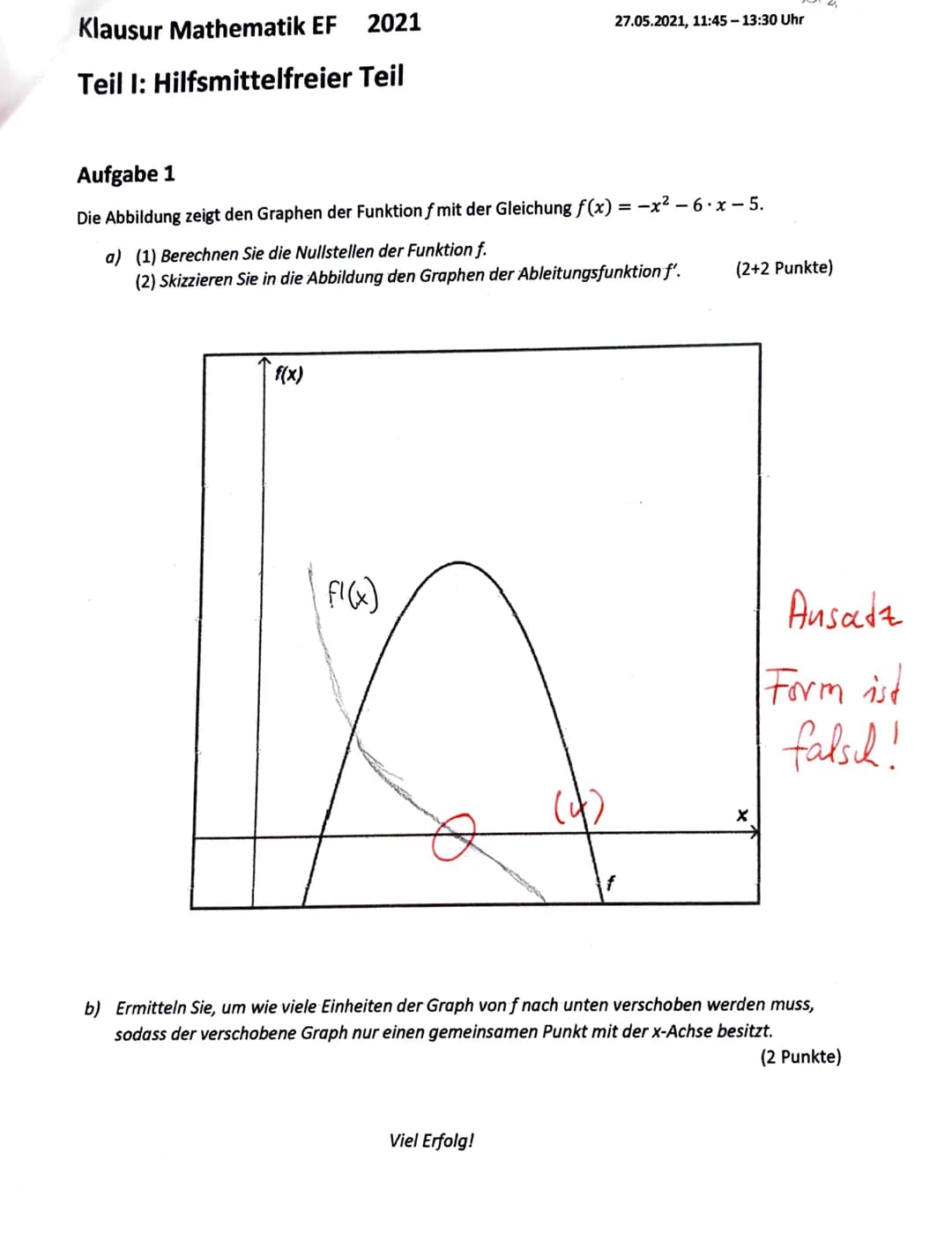 # Klausur Mathematik EF 2021
## Teil I: Hilfsmittelfreier Teil
27.05.2021, 11:45 - 13:30 Uhr
### Aufgabe 1
Die Abbildung zeigt den Graphen
