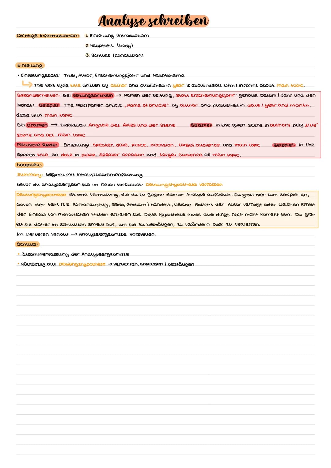 # Analyse schreiben
Wichtige Informationen.
1. Einteilung (introduction)
2. Hauptteil (body)
3. Schluss (conclusion)
Einleitung:
* Einleit