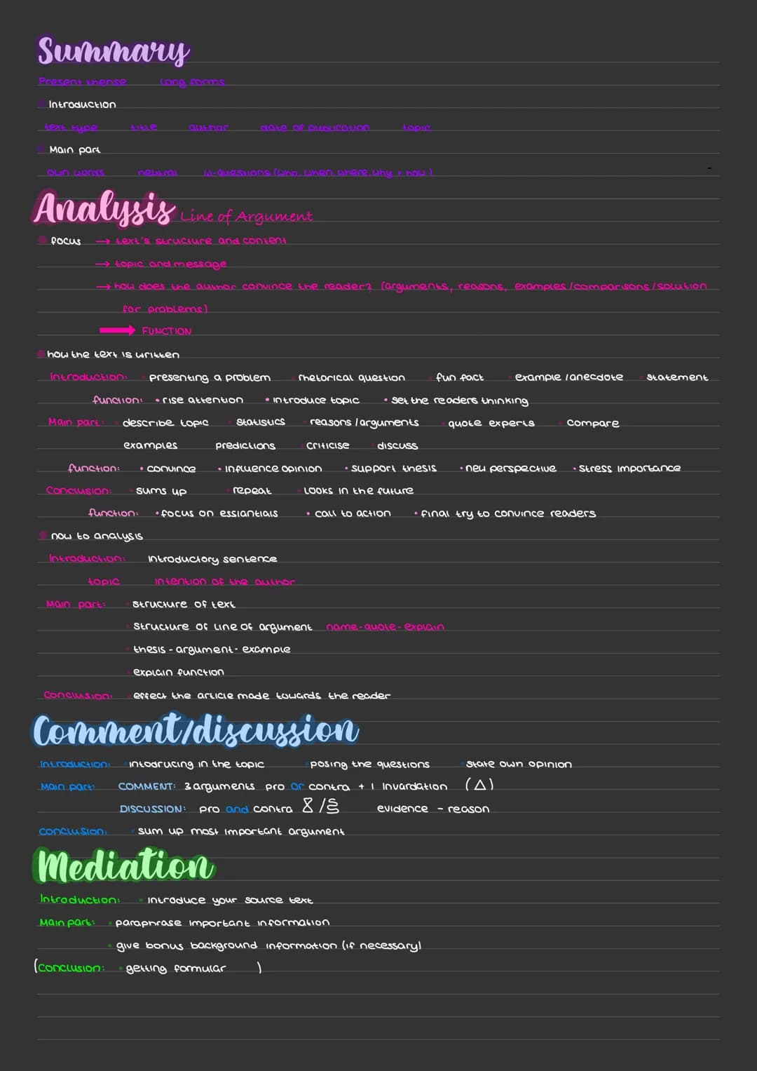 # Analyse schreiben
Wichtige Informationen.
1. Einteilung (introduction)
2. Hauptteil (body)
3. Schluss (conclusion)
Einleitung:
* Einleit