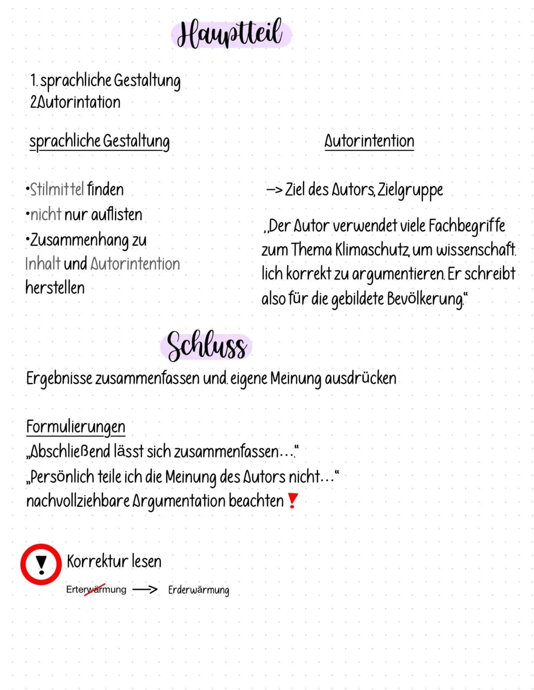 # Hauptteil
1. sprachliche Gestaltung
2Autorintation
## sprachliche Gestaltung
* Stilmittel finden
* nicht nur auflisten
* Zusammenhang zu