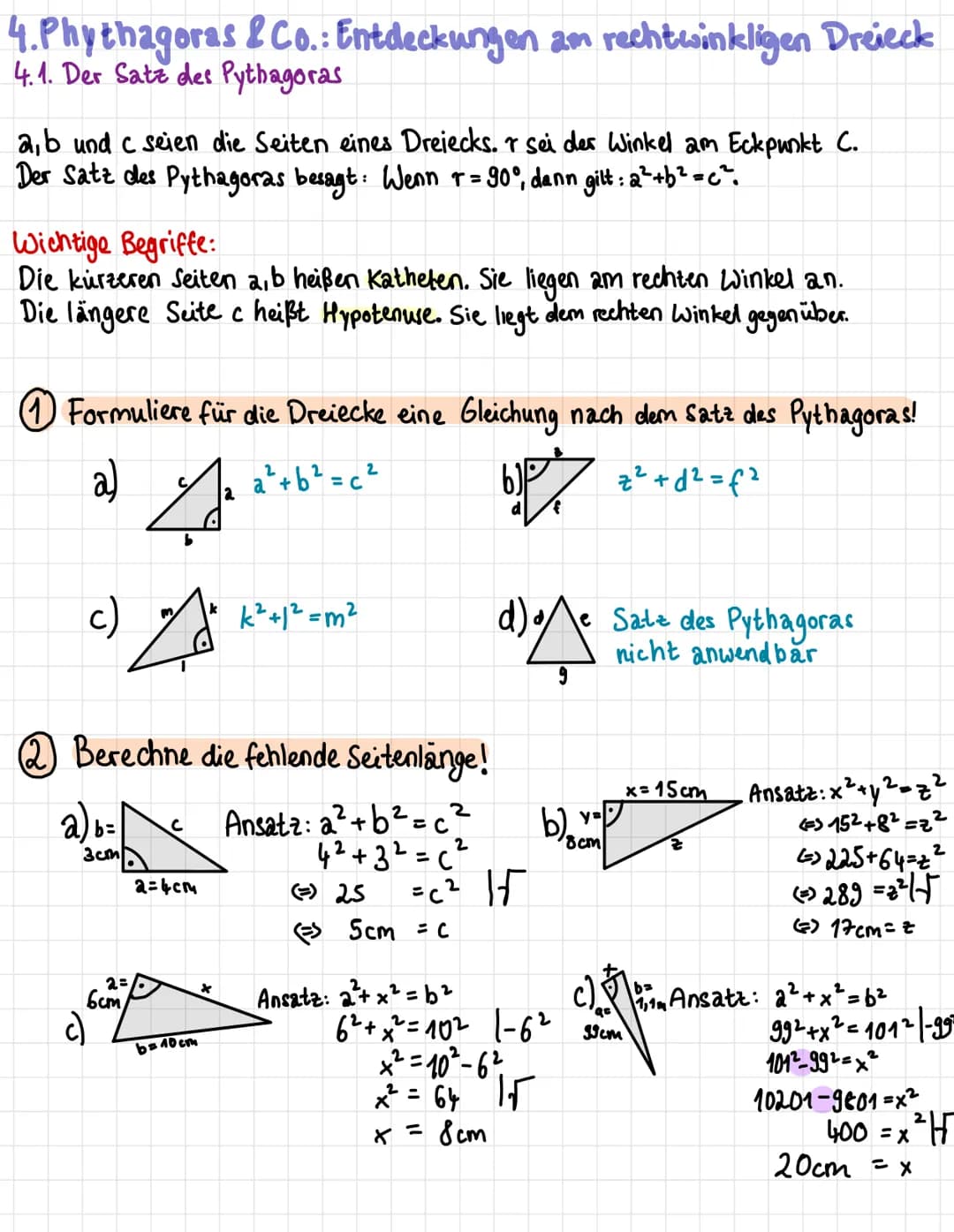 ## 4.3. Höhensatz und Kathetensatz
### Höhensatz
Durch die Höhe h wird die Hypotenuse in die Abschnitte p und q geteilt.
Der Höhensatz bes
