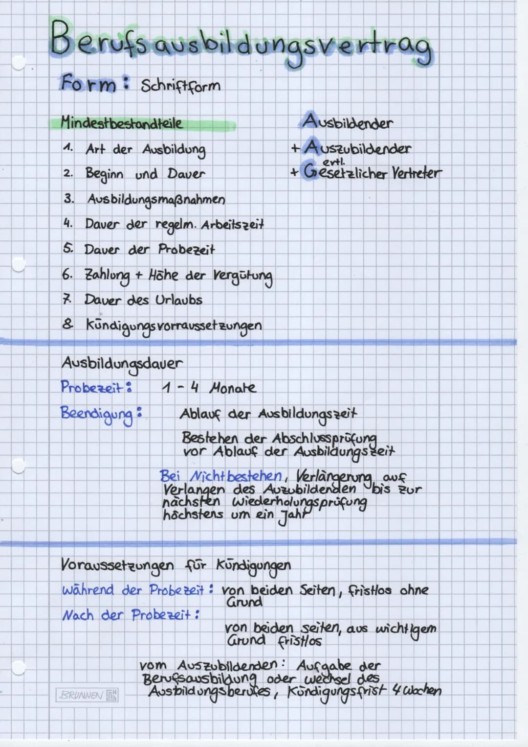 # Berufsausbildungsvertrag
## Form: Schriftform
### Mindestbestandteile
1. Art der Ausbildung
2. Beginn und Dauer
3. Ausbildungsmaßnahmen
4