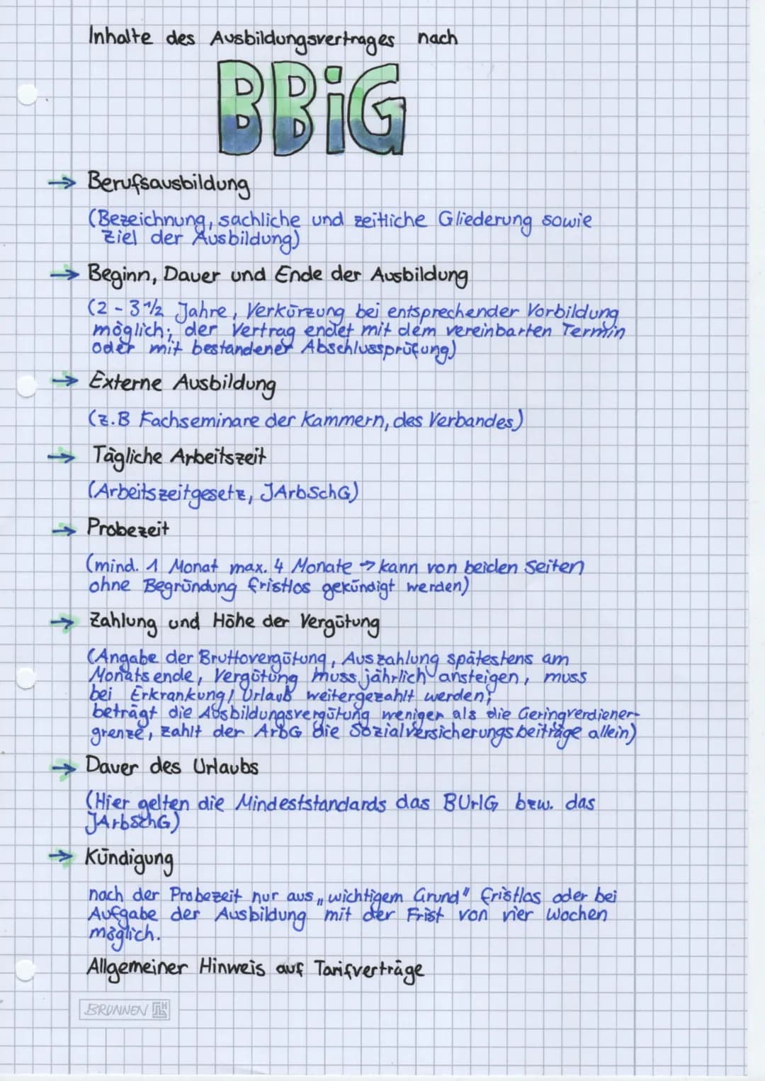 # Berufsausbildungsvertrag
## Form: Schriftform
### Mindestbestandteile
1. Art der Ausbildung
2. Beginn und Dauer
3. Ausbildungsmaßnahmen
4
