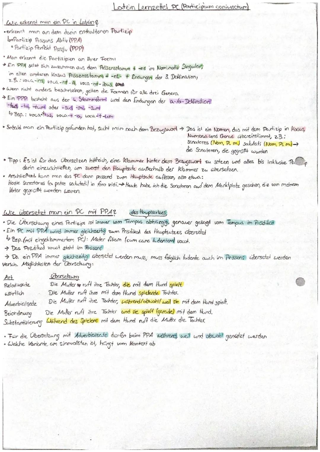 Latein Lernzettel PC. (Participium coniunctum)
Wie erkennt man ein PC in Latein?
•erkennt man an dem darin enthaltenen Partizip
Partizip Prä