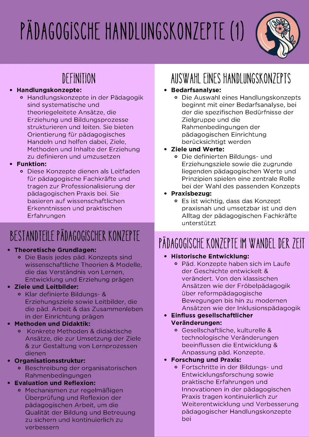 Zusammenfassung/Lernzettel Pädagogische Handlungskonzepte in den Arbeitsfeldern