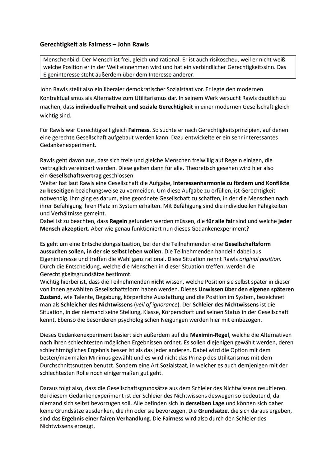 Gerechtigkeit als Fairness - John Rawls
Menschenbild: Der Mensch ist frei, gleich und rational. Er ist auch risikoscheu, weil er nicht weiẞ