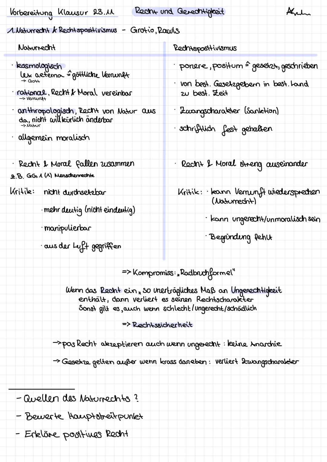 Vorbereitung Klausur 23.11
Recht und Gerechtigkeit
Anu
1. Naturrecht & Rechtspositivismus - Grotio, Rawls
Naturrecht
• kasmologisch
$lex a