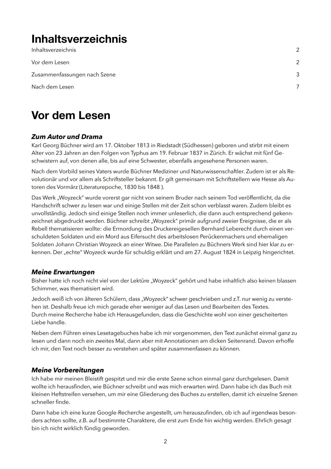 Georg Büchner, Woyzeck
Ein Lesetagebuch von
Ben Espersen (11b)
im Fach Deutsch bei Herrn Girke # Inhaltsverzeichnis
Inhaltsverzeichnis
Vo