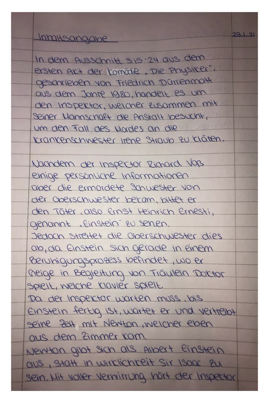 # Inhaltsangabe
Newton zu, der mit seinen Physikalischen
kenntnissen pranit, da er seine Verhaftung,
welche nicht stattfinden soll annt und