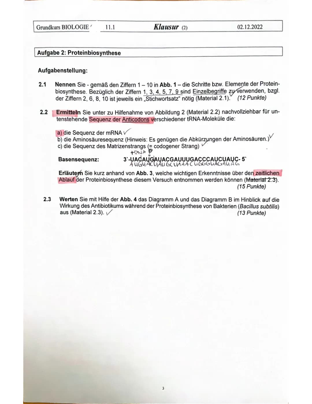Grundkurs BIOLOGIE , 11.1 Klausur (2) 02.12.2022
Name:
Themen: Molekulare Genetik
Allgemeine Hinweise zur Klausur: Lassen Sie eine viertel S