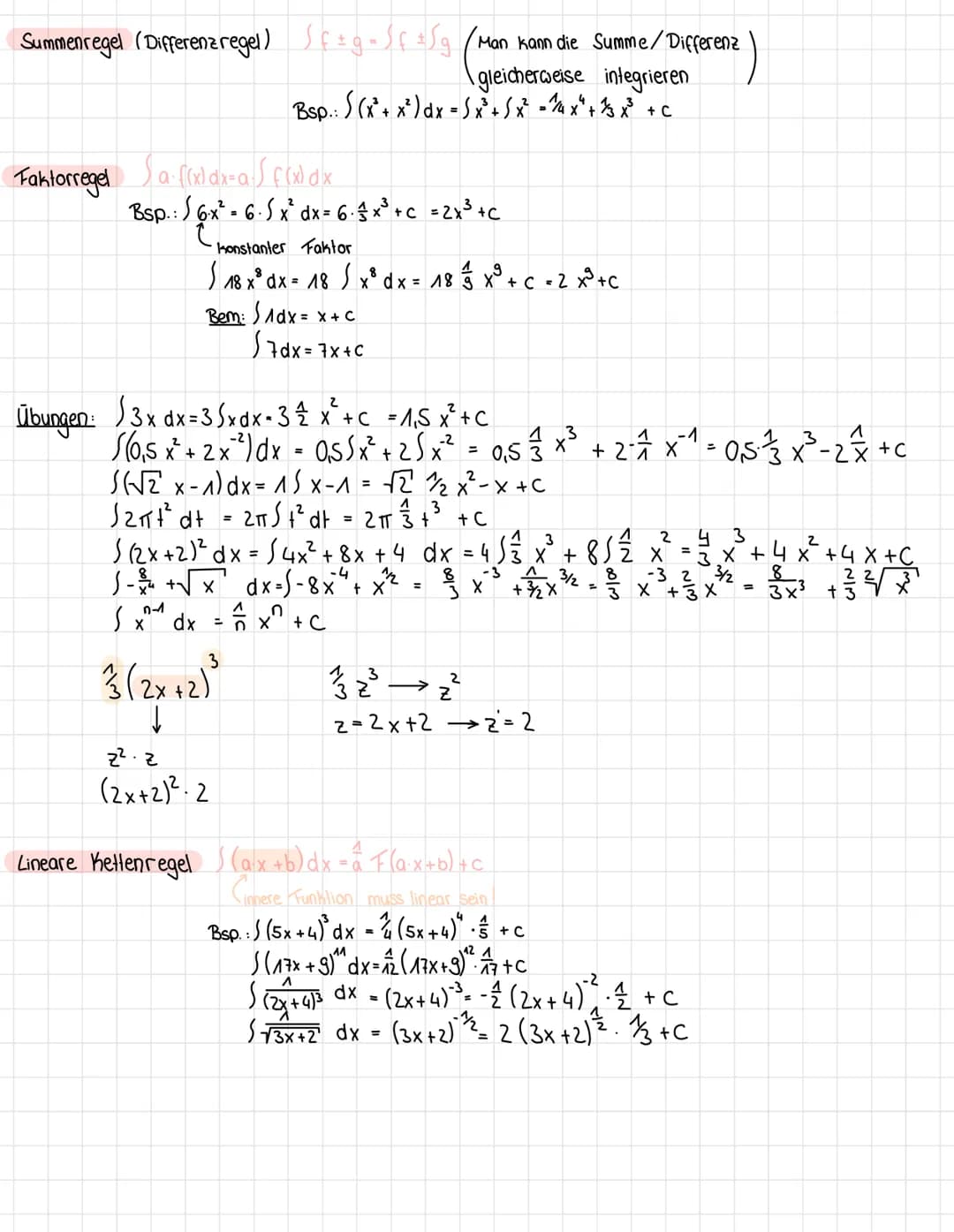 ## Summenregel (Differenzregel)
$\int f \pm g = \int f \pm \int g$
Man kann die Summe/Differenz
gleicherweise integrieren
Bsp.: $\int (x^3+x
