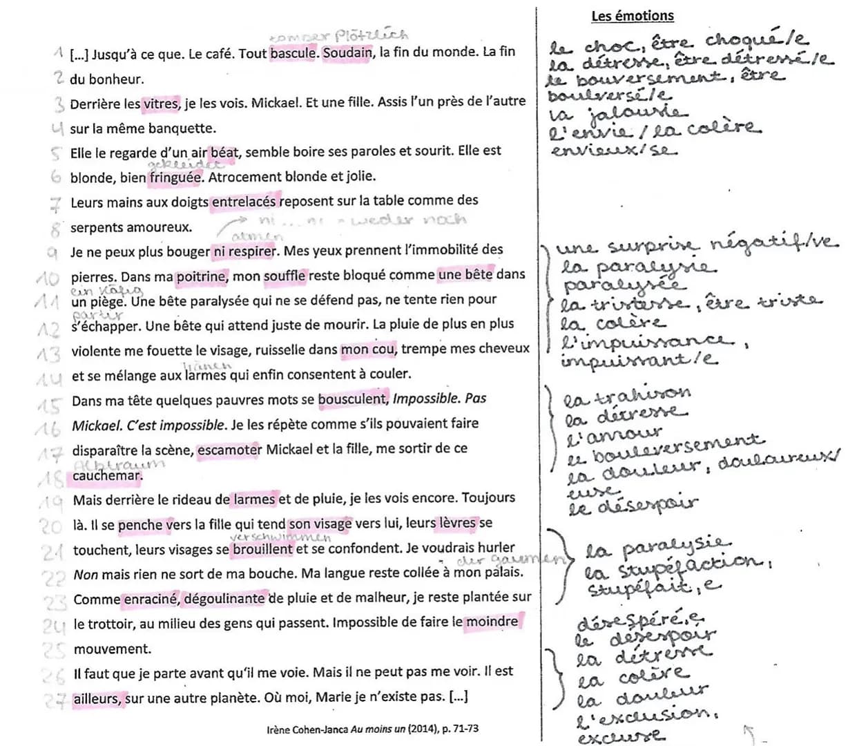 # Französisch - Analyse
L'extrait du roman « Au moins un » qui a été écrit par Irène Cohen-Janca et publié en
2014 raconte d'une fille nomm