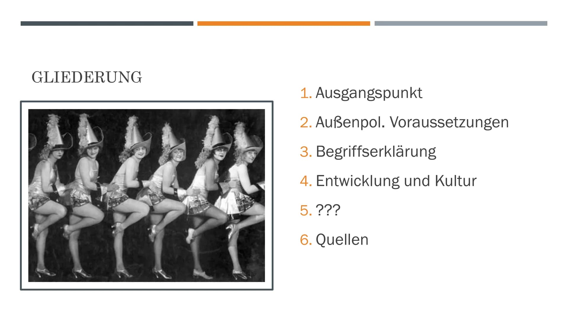 DIE GOLDENEN ZWANZIGER
AUFSCHWUNG EINER NATION GLIEDERUNG
1. Ausgangspunkt
2. Außenpol. Voraussetzungen
3. Begriffserklärung
4. Entwicklung