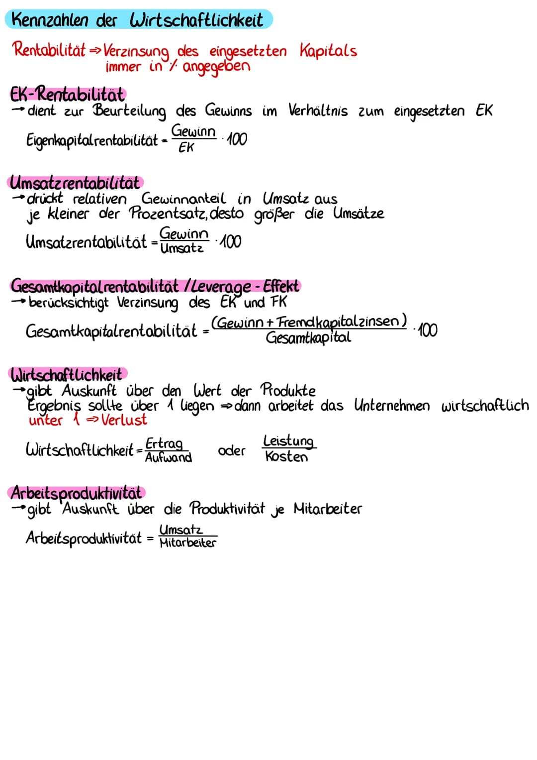# Kennzahlen der Wirtschaftlichkeit
## Rentabilität
- Verzinsung des eingesetzten Kapitals
- immer in % angegeben
## EK-Rentabilität
- dient