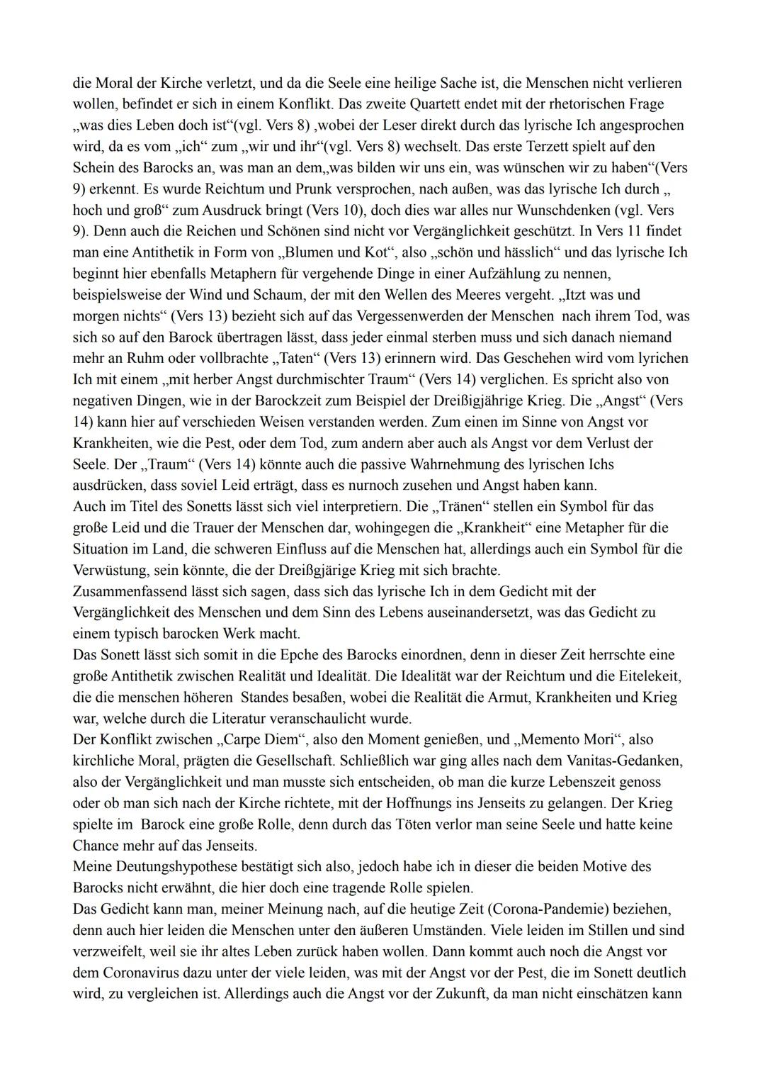 Interpretation: Tränen in schwerer Krankheit
Das Sonett, Tränen in schwerer Krankheit", das um 1640 von Andreas Gryphius verfasst wurde,
ha