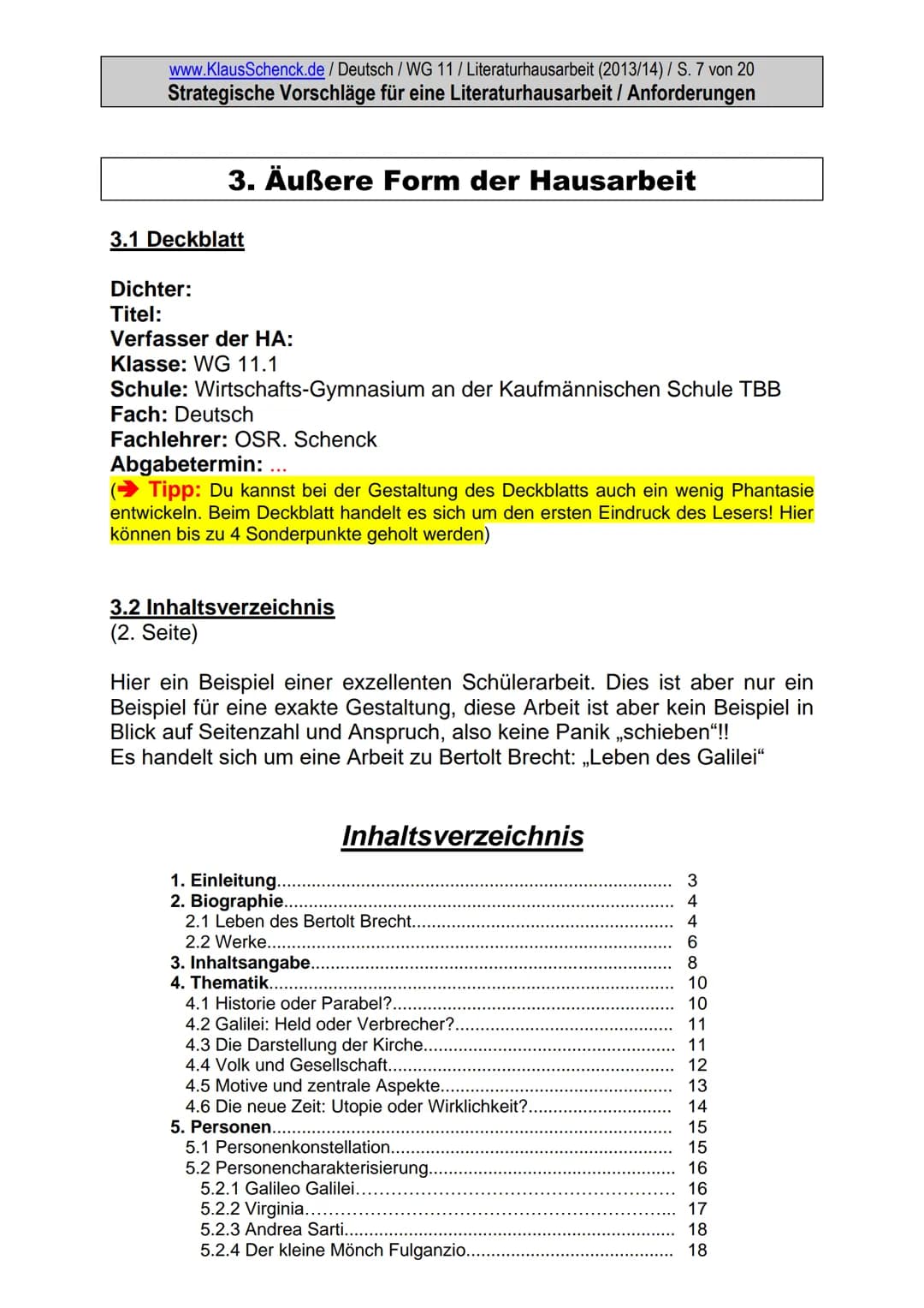 www.KlausSchenck.de / Deutsch / WG 11/Literaturhausarbeit (2013/14) / S. 1 von 20
Strategische Vorschläge für eine Literaturhausarbeit / Anf