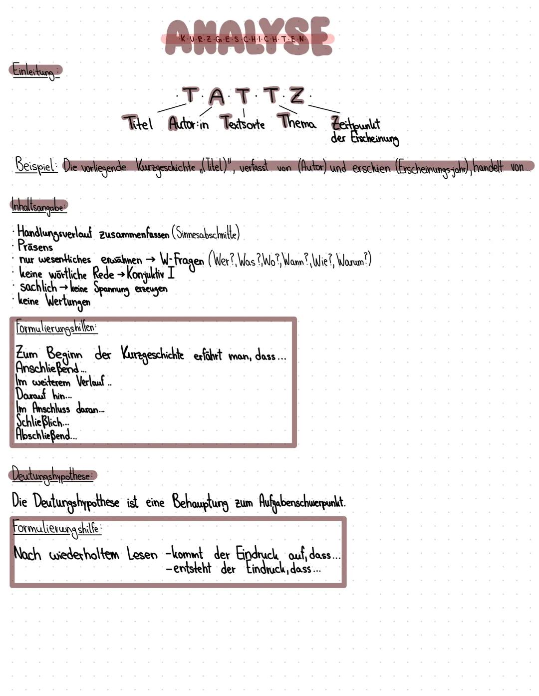 Einleitung
Au
KURZGESCH·I·CH·T·E·N
TATTZ
Titel Autor in Textsorte Thema
Zeitpunkt
der Erscheinung
Beispiel: Die vorlegende Kurzgeschichte, (