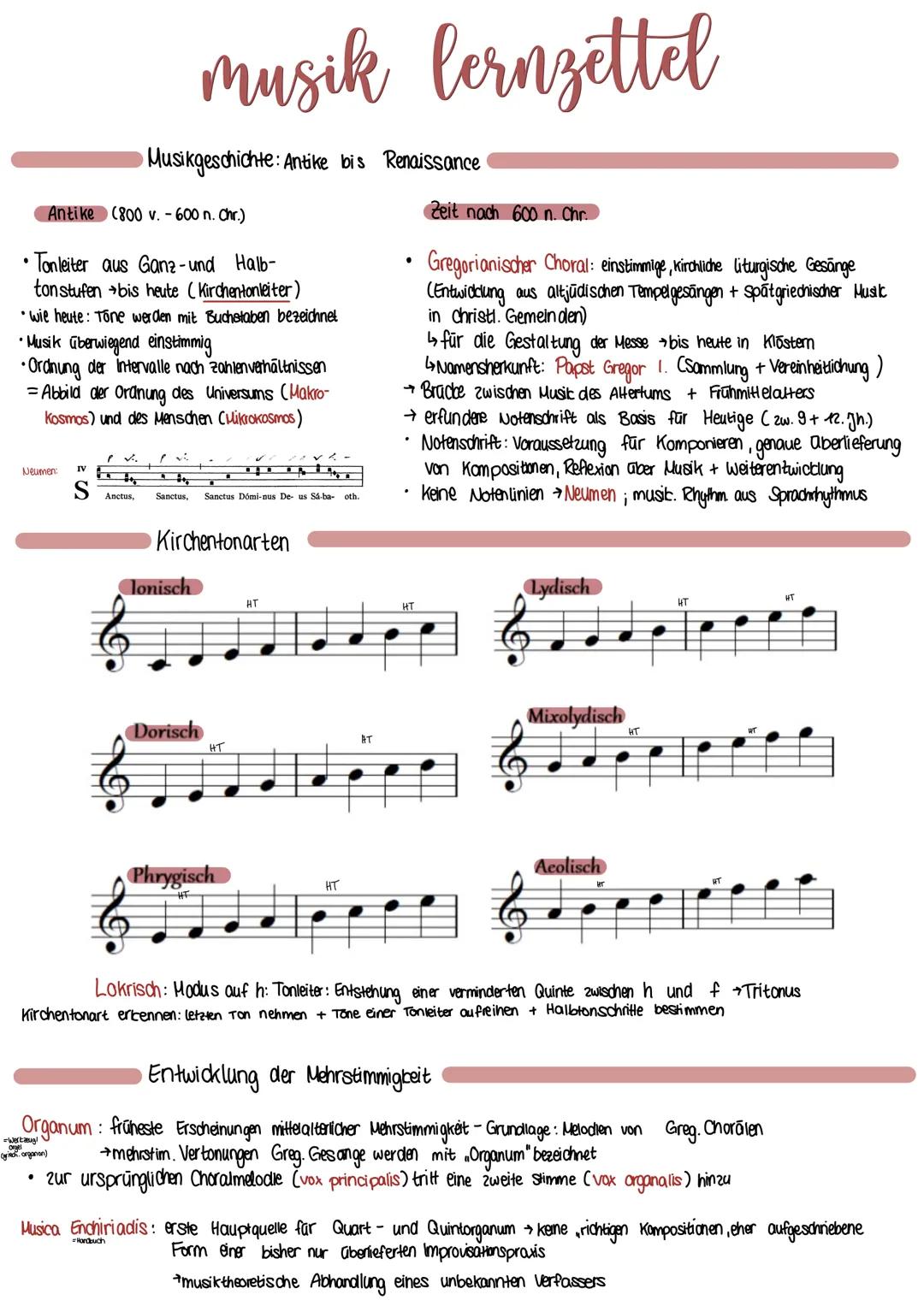 # musik lernzettel
Musikgeschichte: Antike bis Renaissance
Antike (800 v. - 600 n. Chr.)
• Tonleiter aus Gana-und Halb-
tonstufen bis heu