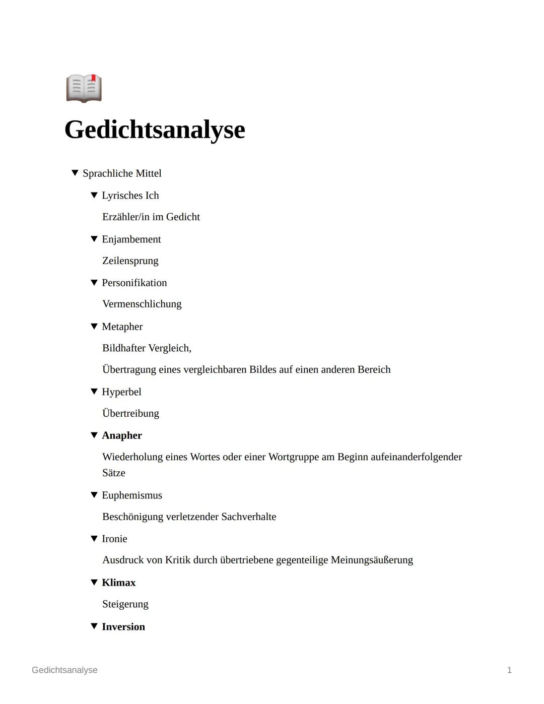 # Gedichtsanalyse
▼ Sprachliche Mittel
▼ Lyrisches Ich
Erzähler/in im Gedicht
▼ Enjambement
Zeilensprung
▼ Personifikation
Vermenschl