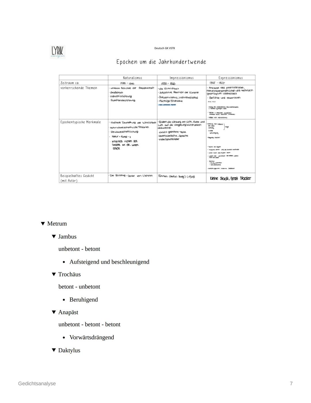 # Gedichtsanalyse
▼ Sprachliche Mittel
▼ Lyrisches Ich
Erzähler/in im Gedicht
▼ Enjambement
Zeilensprung
▼ Personifikation
Vermenschl