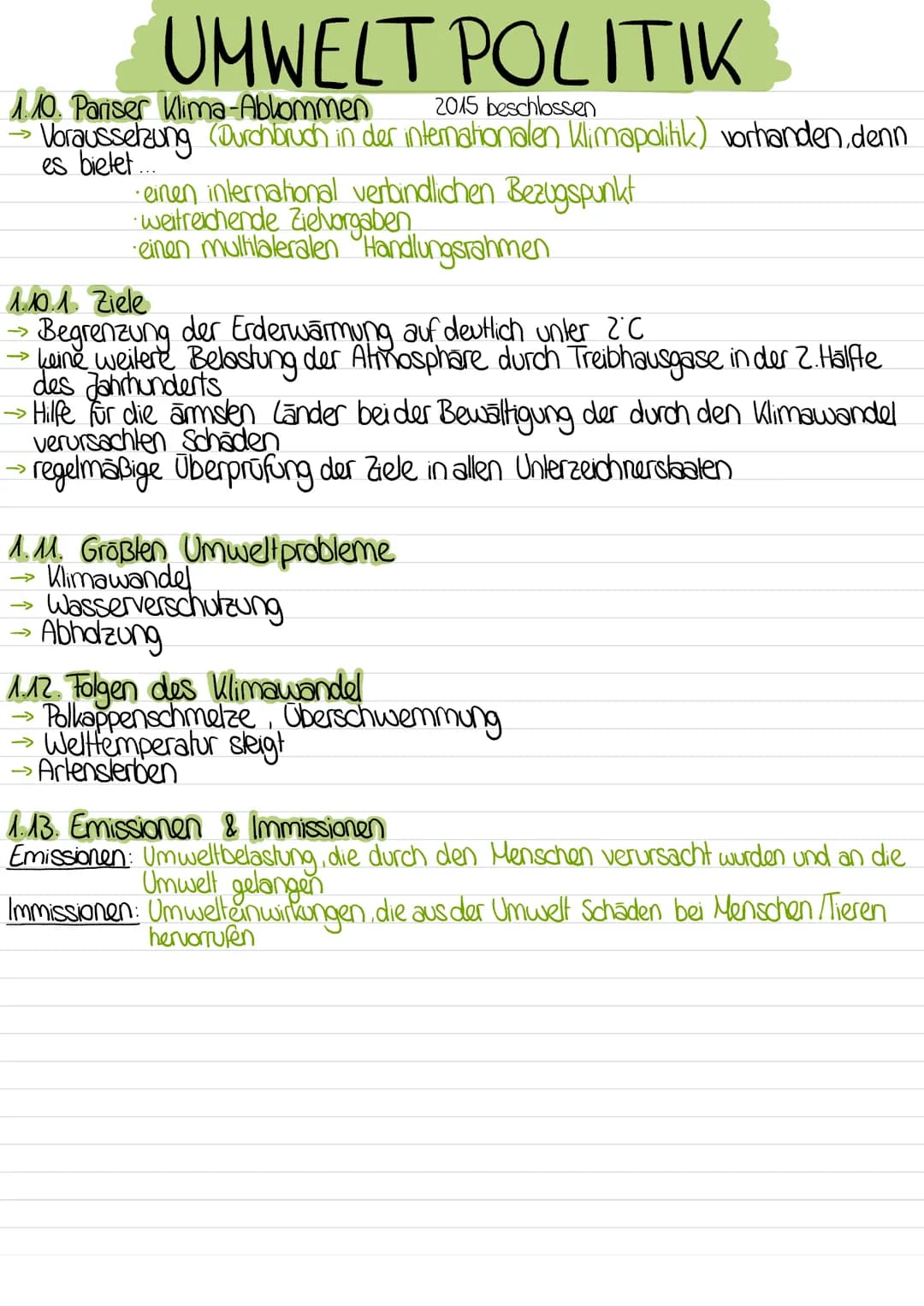# UMWELT POLITIK
## 1.1. Externe Effekte /Kosten
Wenn durch Herstellung oder Verbrauch von Gutem anderen (Unternehmen,
Haushalte oder der Ge