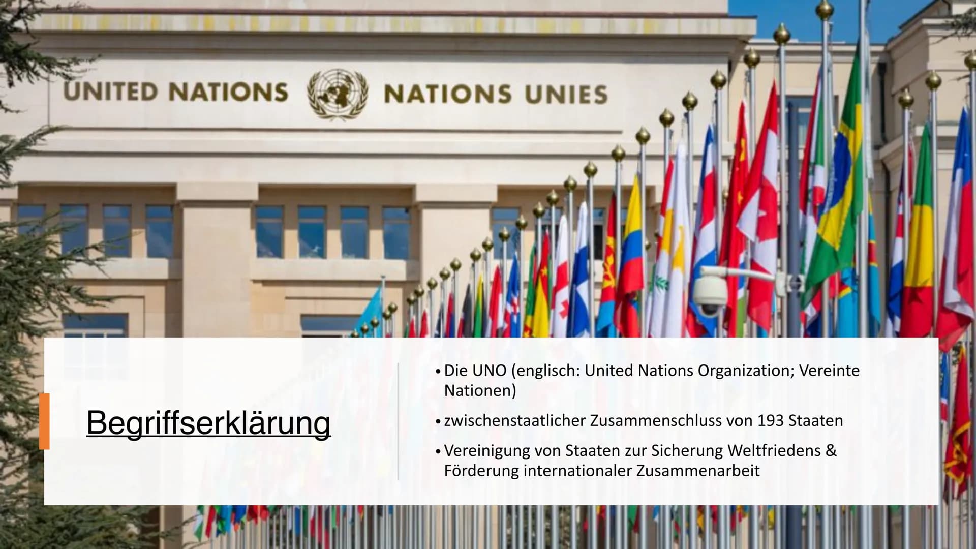# UNO
INTERNATIONALE ORGANISATIONEN (INKLUSIVE VÖLKERRECHT) # Gliederung
I. Begriffserklärung
II. historische Entwicklung
III. Aufgaben
IV.