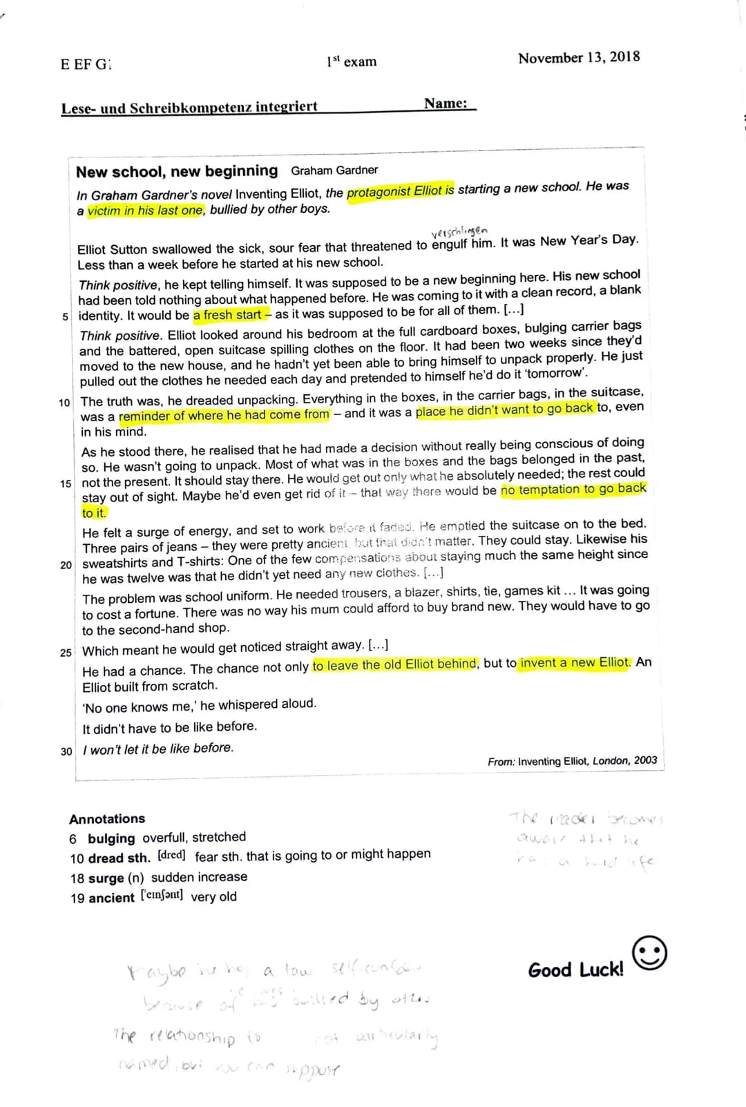 E EF G:
1st exam
November 13, 2018
Name:
Lese- und Schreibkompetenz integriert
## New school, new beginning Graham Gardner
In Graham Gardner
