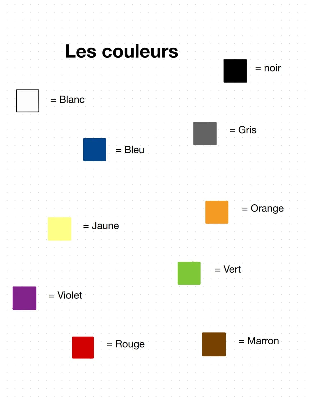 # Les couleurs
- = noir
- = Blanc
- = Violet
- = Gris
- = Bleu
- = Jaune
- = Vert
- = Orange
- = Marron
- = Rouge # Présenter une Personne