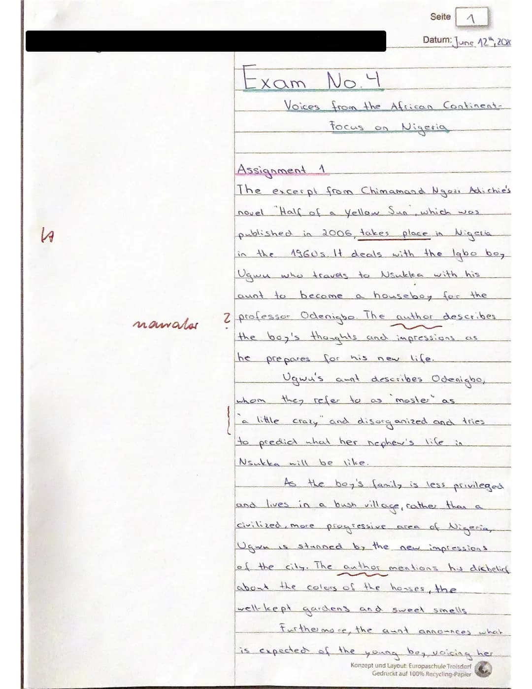 Seite 1
Datum: June 12, 2020
# Exam No.4
Voices from the African Continent
Focus Nigeria
## Assignment 1
The excerpt from Chimamand Ngozi Ad