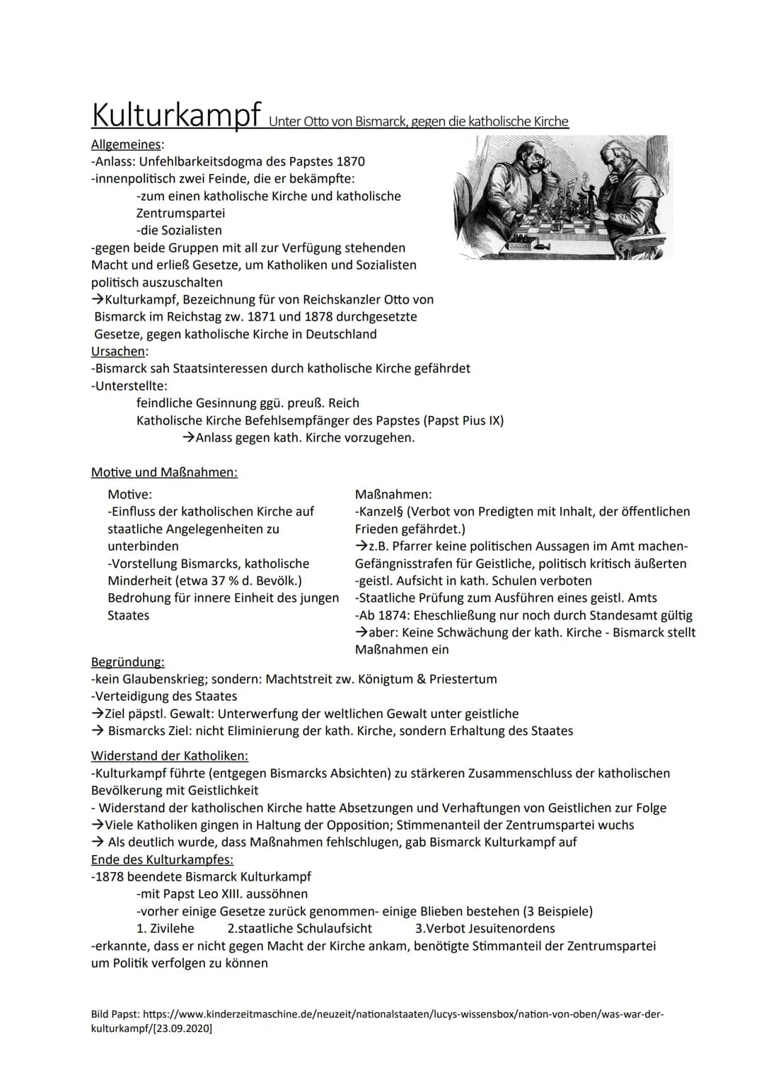 # Kulturkampf
Unter Otto von Bismarck, gegen die katholische Kirche
## Allgemeines:
- Anlass: Unfehlbarkeitsdogma des Papstes 1870
- innenp