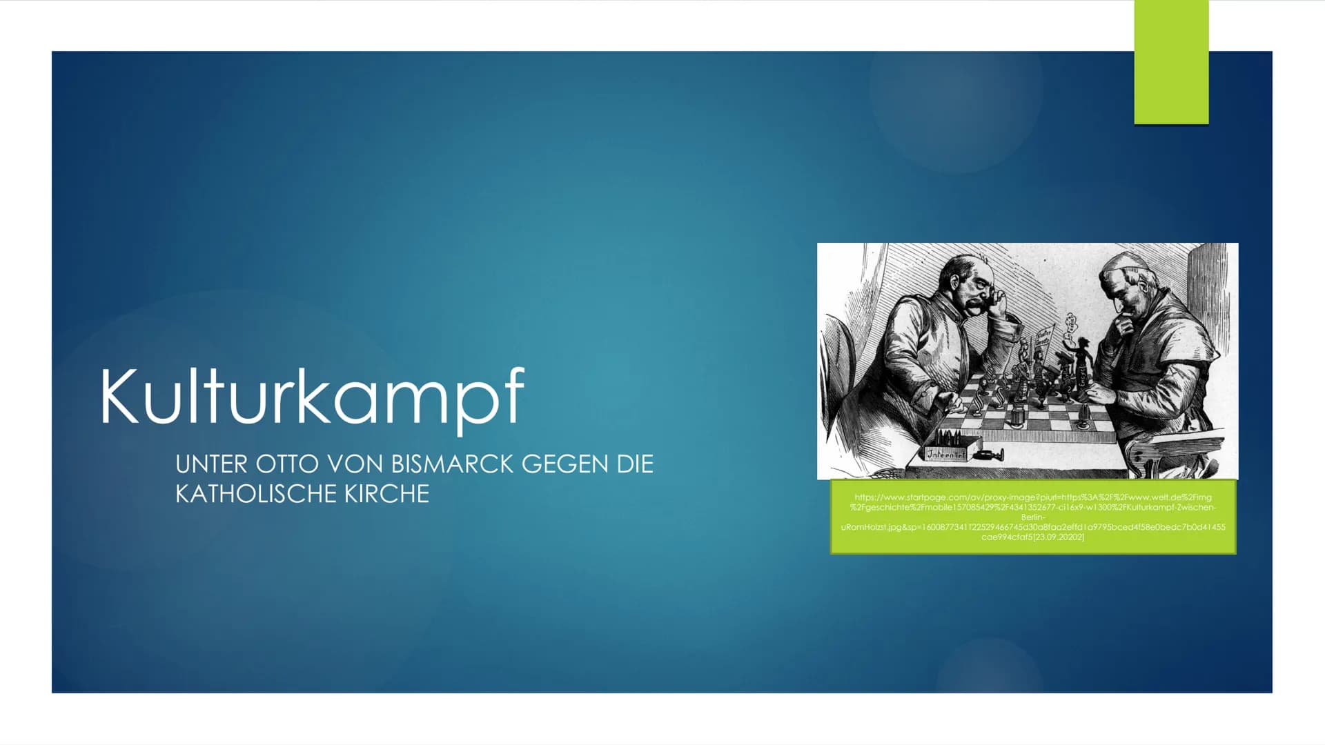 # Kulturkampf
Unter Otto von Bismarck, gegen die katholische Kirche
## Allgemeines:
- Anlass: Unfehlbarkeitsdogma des Papstes 1870
- innenp