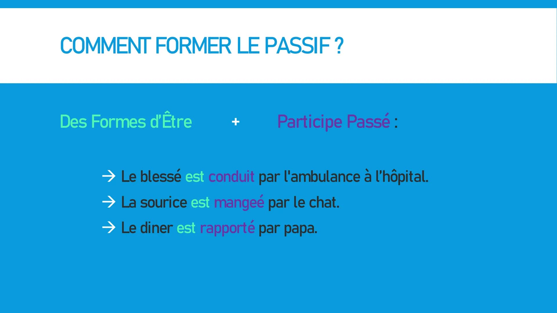 PASSIF / VOIX PASSIVE Qu'est-ce que la voix passive?
Quand on utilise le passif?
Comment former le passif ?
Exercices
LE STRUCTURE # QU'EST-