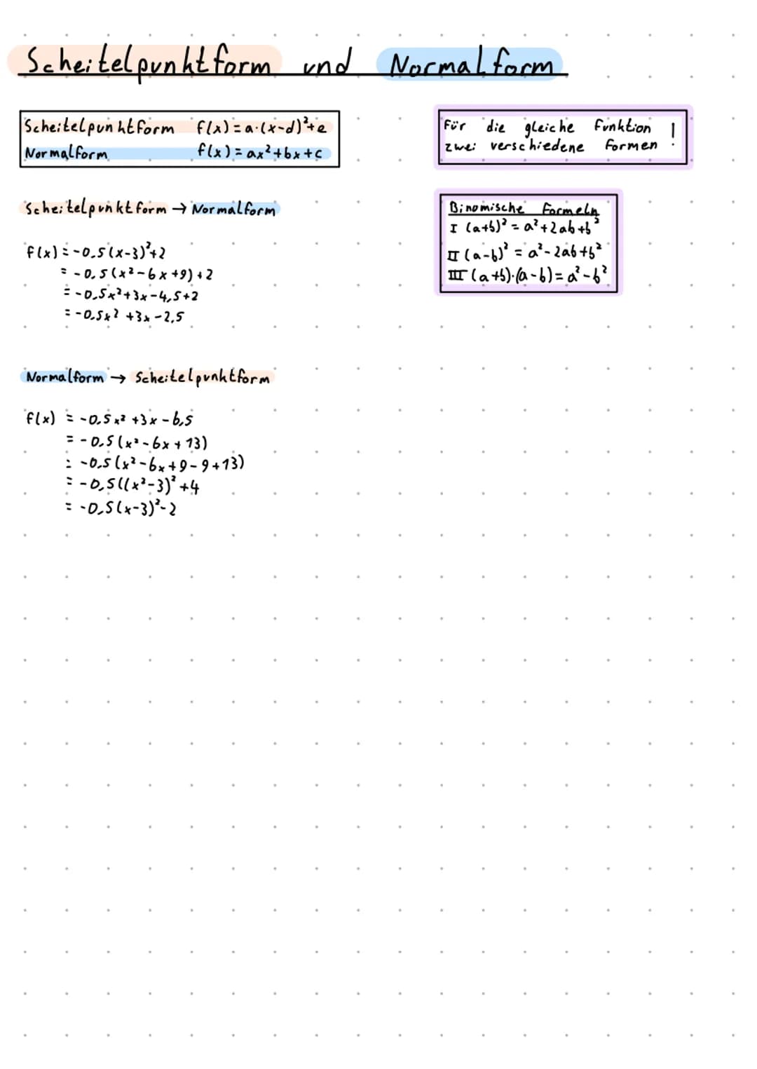 # Scheitelpunktform und Normalform
Scheitelpunktform $f(x)=a(x-d)^2+e$
Normalform $f(x) = ax^2+bx+c$
## Scheitelpunktform $\rightarrow$ No