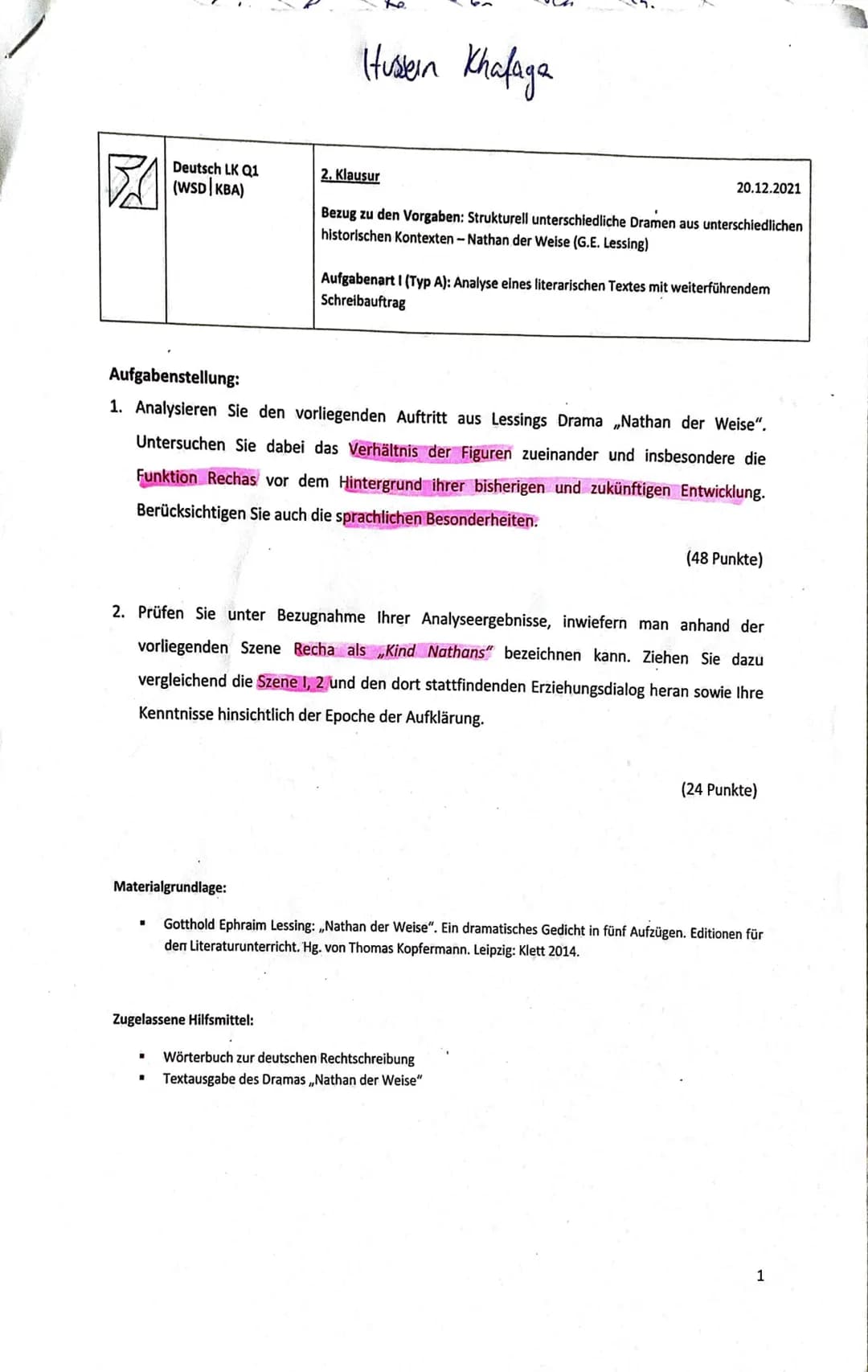 Hussein Khafaga
Deutsch LK Q1
(WSD KBA)
2. Klausur
20.12.2021
Bezug zu den Vorgaben: Strukturell unterschiedliche Dramen aus unterschiedli